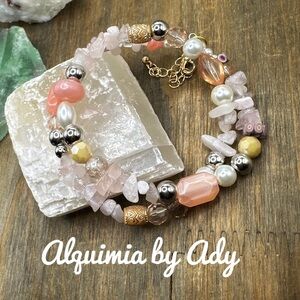 Pink quartz adjustable wrap around chunky bracelet